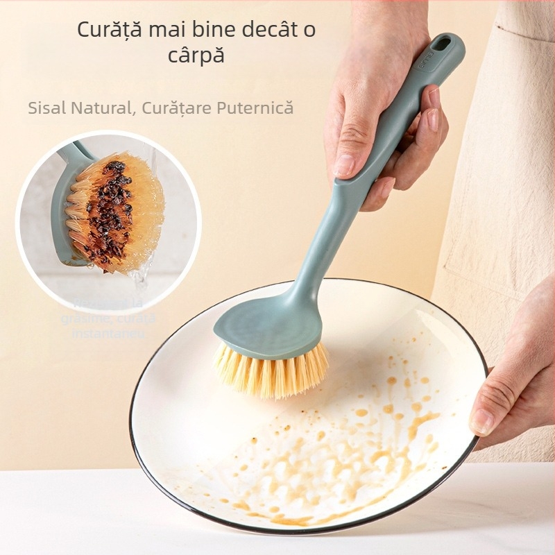 Perie pentru oale și boluri, cu mâner lung, perie de bucătărie cu fibre vegetale pentru spălat vase, elimină grăsimea fără a absorbi uleiul