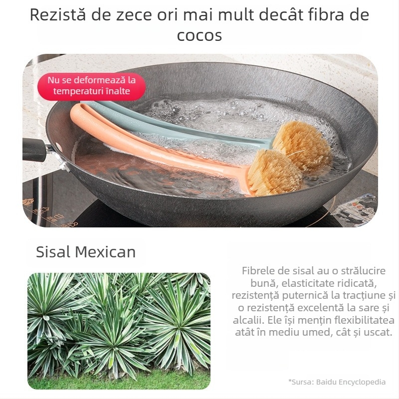 Perie pentru oale și boluri, cu mâner lung, perie de bucătărie cu fibre vegetale pentru spălat vase, elimină grăsimea fără a absorbi uleiul