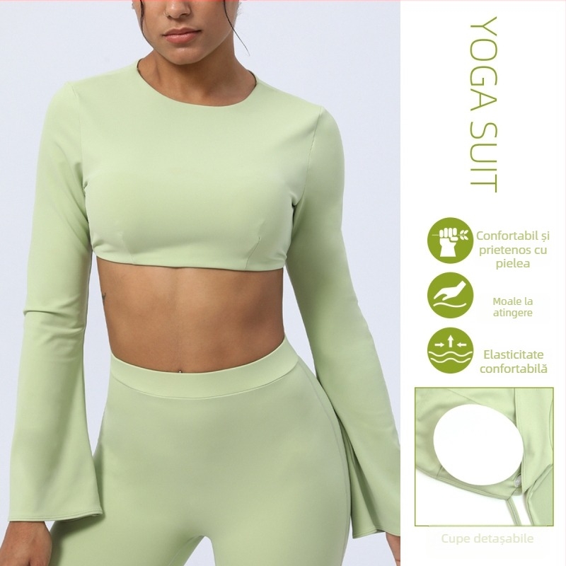 Top de yoga cu mâneci lungi, cu absorbție a umezelii și uscare rapidă, croială Slim, 75% nailon, 25% elastan, cu căptușeală
