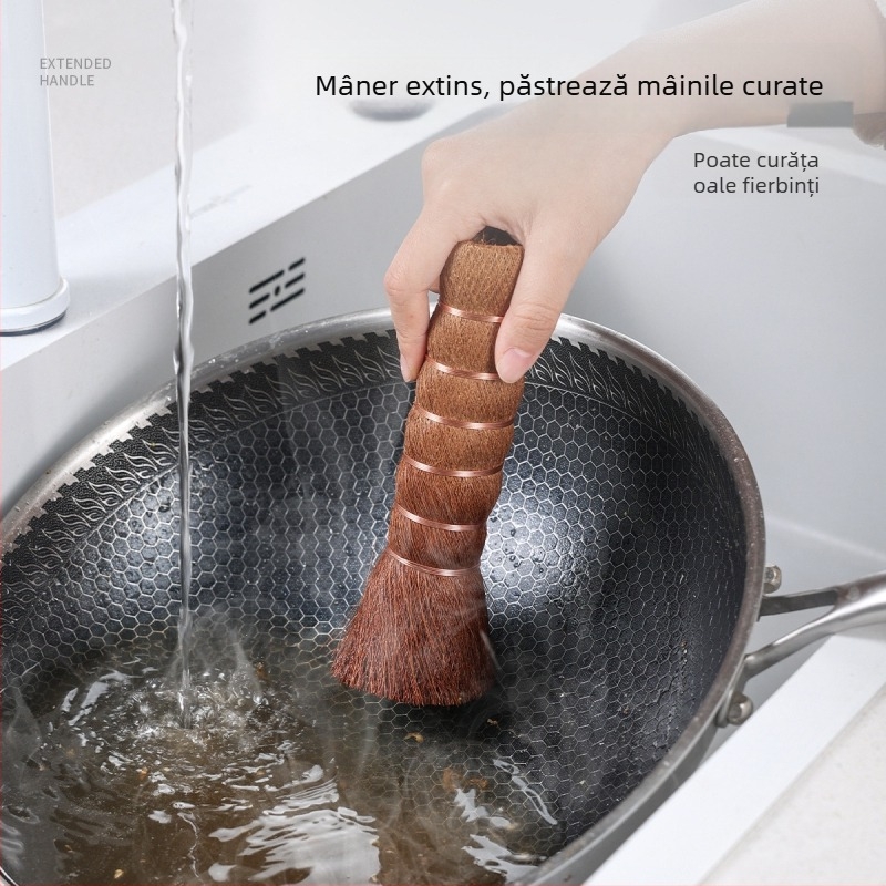 Perie naturală din fibre de palmier pentru oale, mâner lung, bucătărie