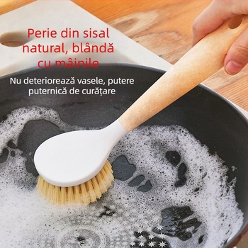 Perie pentru oale cu mâner din lemn, curățare în bucătărie, delicată cu oalele și suprafețele antiaderente, mâner lung