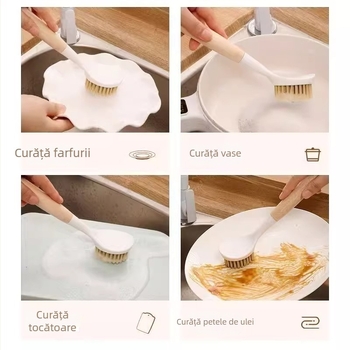 Perie pentru oale cu mâner din lemn, curățare în bucătărie, delicată cu oalele și suprafețele antiaderente, mâner lung
