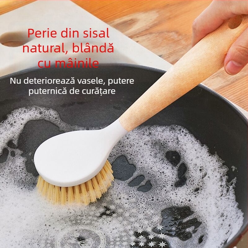 Perie pentru oale cu mâner din lemn, curățare în bucătărie, delicată cu oalele și suprafețele antiaderente, mâner lung