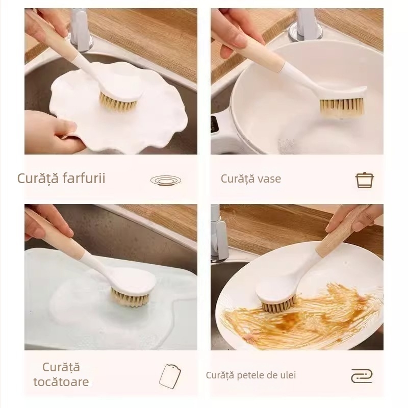 Perie pentru oale cu mâner din lemn, curățare în bucătărie, delicată cu oalele și suprafețele antiaderente, mâner lung