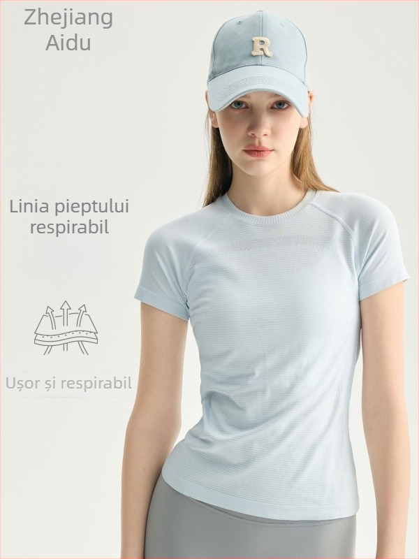 Top de yoga fără cusături, subțire, uscare rapidă, pentru femei, mâneci scurte
