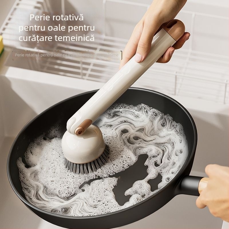 Perie rotativă pentru oale cu mâner lung reglabil – perie multifuncțională pentru curățarea vaselor