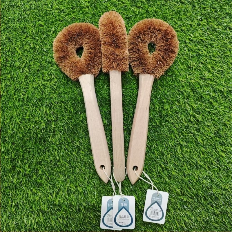 Perie pentru oale din fibre naturale de cocos, cu mâner din lemn – perie cu mâner lung pentru spălat vase și curățat tigăi