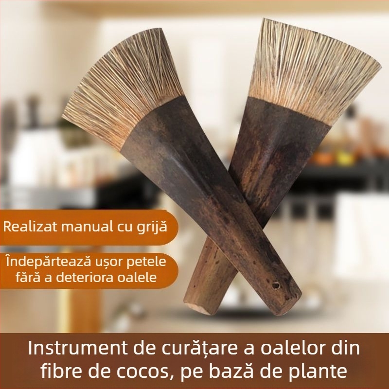 Perie pentru vase din fibre de cocos, cu mâner lung, delicată cu oalele, nu deteriorează fundul vaselor, nu reține uleiul și nu aderă la mâini
