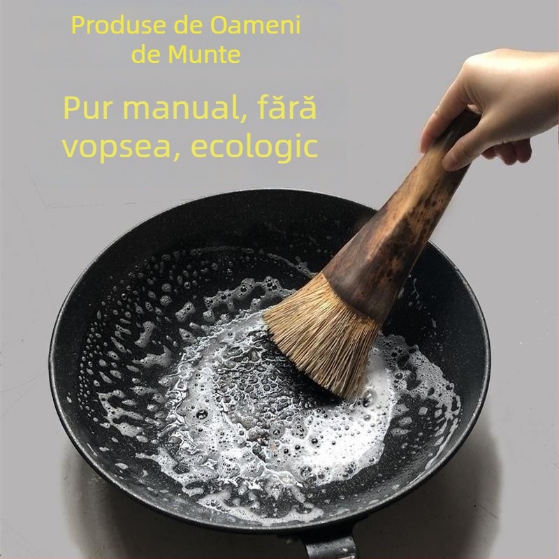 Perie pentru vase din fibre de cocos, cu mâner lung, delicată cu oalele, nu deteriorează fundul vaselor, nu reține uleiul și nu aderă la mâini