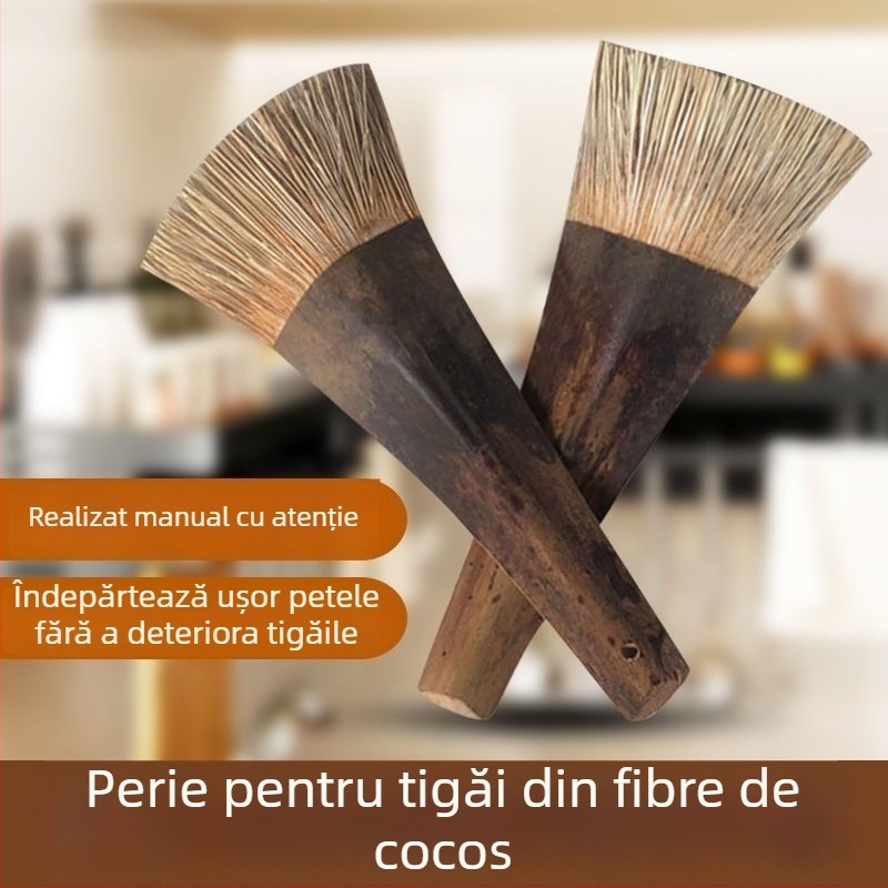 Perie pentru vase din fibre de cocos, cu mâner lung, delicată cu oalele, nu deteriorează fundul vaselor, nu reține uleiul și nu aderă la mâini