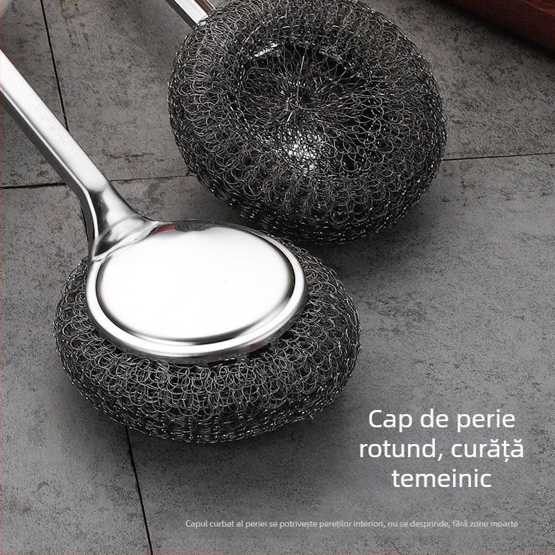 Perie pentru oale din oțel inoxidabil, mâner lung, bucătărie – curățare delicată, sigură pentru oale