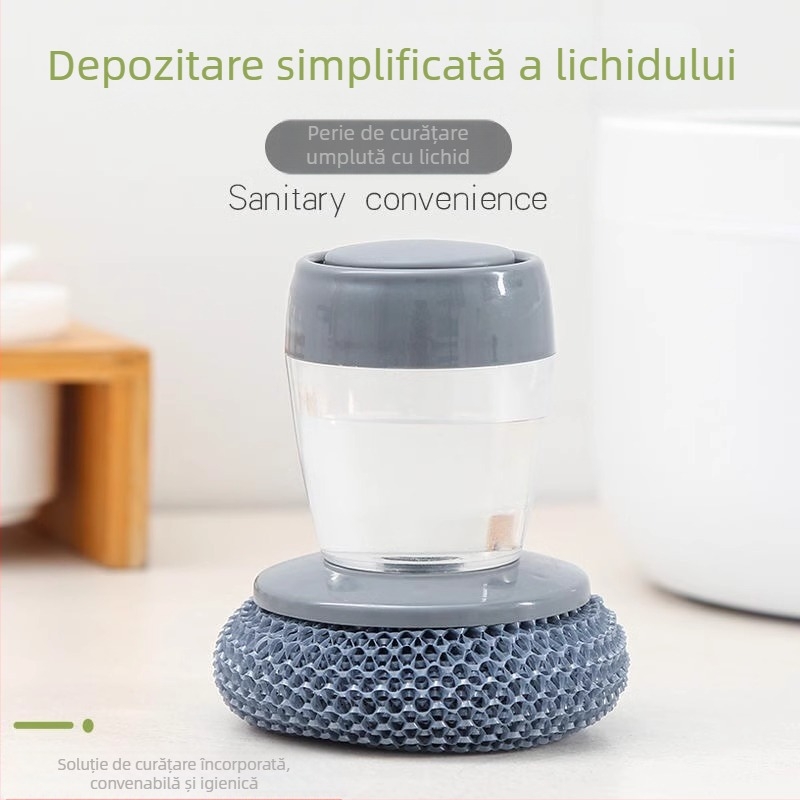 Perie pentru oale cu mâner lung, dozare automată a lichidului — burete, sârmă metalică și bilă de curățare PET