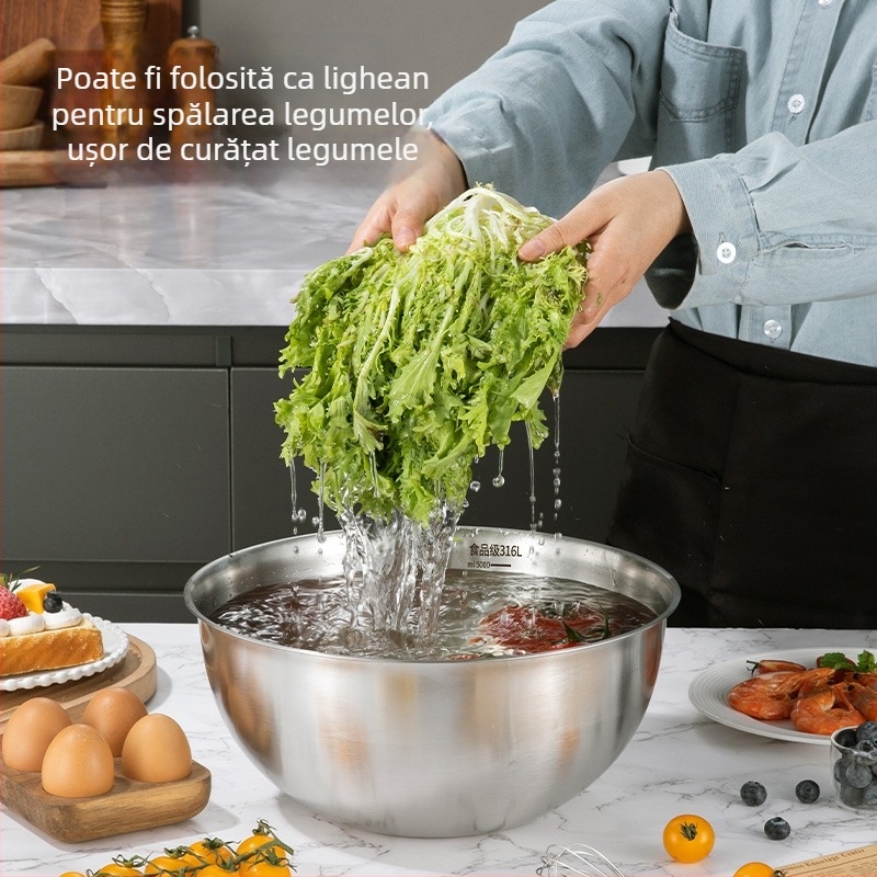 Bol din oțel inoxidabil cu margini drepte și scară de măsurare — bol de bucătărie multifuncțional pentru coacere, salate, tăiței reci, bătut ouă și frământat aluat