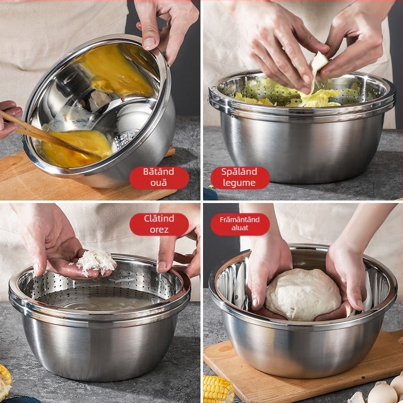 Oțel inoxidabil 304, vas rotund îngroșat pentru uz casnic, bol pentru supă, bol pentru mixat ouă, recipient alimentar pentru condimente, vas pentru legume