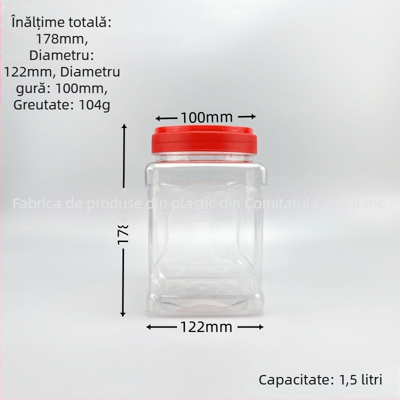 Borcan păstrare alimentară pătrat, gură largă, cu capac; recipient multifuncțional pentru cereale, ceai, fructe uscate, fistic și carne uscată; ușor de manevrat