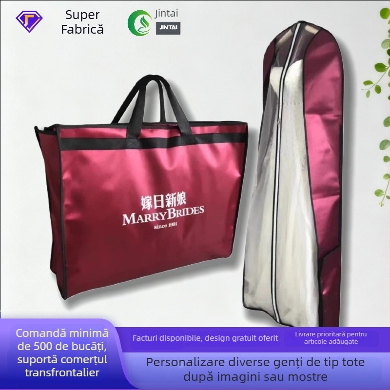 Husă de praf cu siglă personalizată pentru rochie de mireasă cu trenă lungă, geantă de depozitare impermeabilă