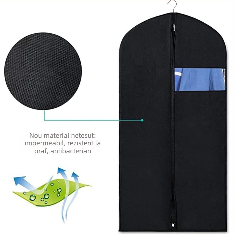 Husă de costum din material nețesut negru, întărită, mărime mărită, protecție împotriva prafului