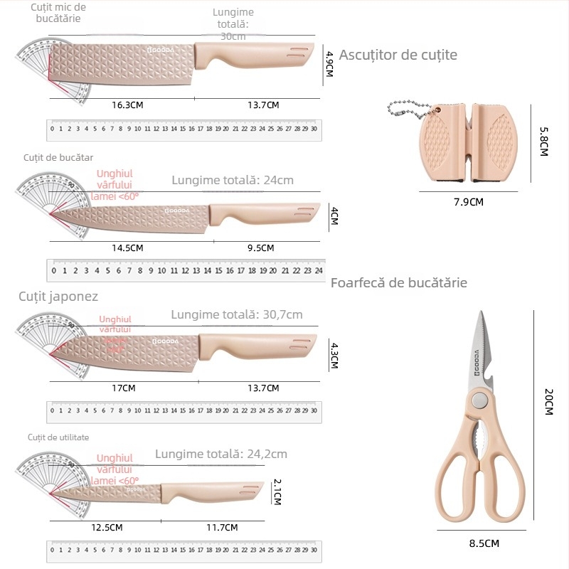 Gooda set de cuțite bucătărie din oțel inoxidabil 3Cr13, cu mâner PP, cuțit de bucătărie, set complet cu ascuțitoare și husă pentru cuțite
