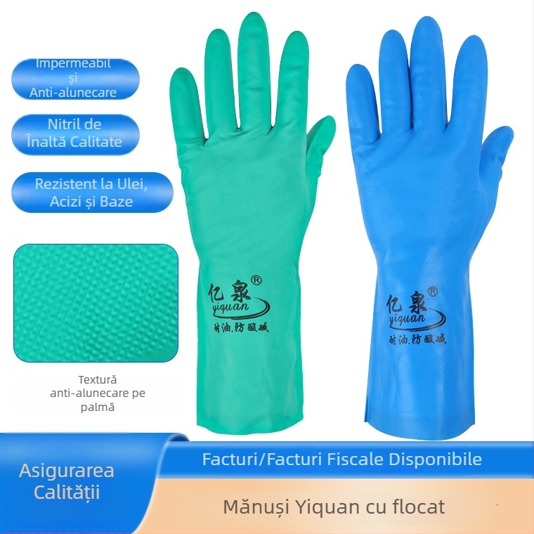 Mănuși nitril cu căptușeală de flok, 33 cm, albastre și verzi, antiderapante, rezistente la ulei, impermeabile, rezistente chimic la acizi slabi și baze