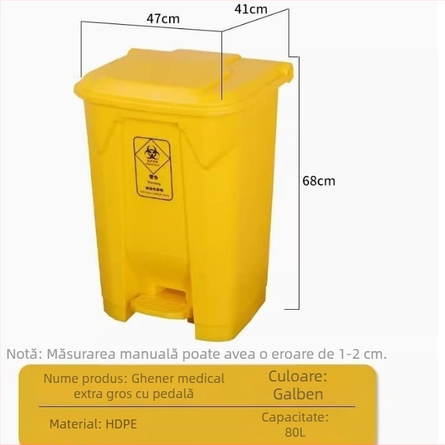Coș de gunoi medical cu pedale, galben, capacitate mare, pentru spitale și clinici, cu capac