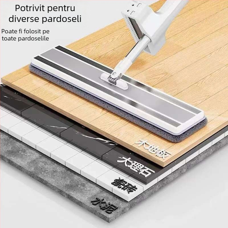 Mop plat cu panou mare pentru uz casnic, curățare fără atingere, uscat și ud, cap microfibră, mâner din oțel inoxidabil