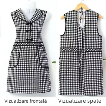 Sortă de bucătărie fără mâneci, în stil chinezesc, cu nasturi-nod, carouri, poliester-bumbac