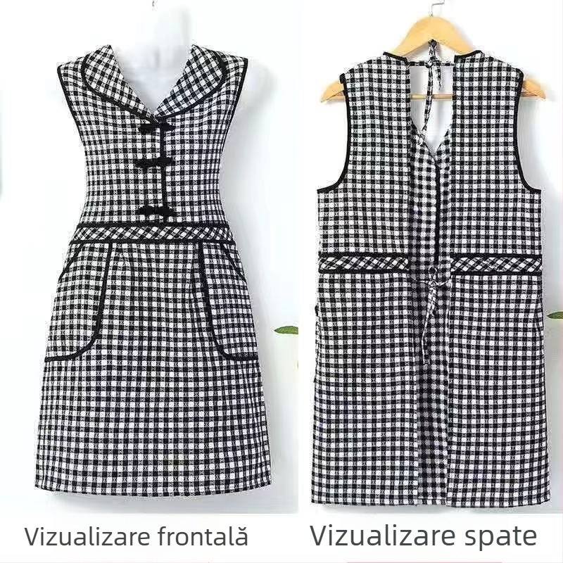 Sortă de bucătărie fără mâneci, în stil chinezesc, cu nasturi-nod, carouri, poliester-bumbac
