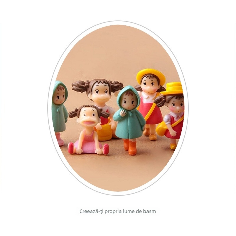 Zakka ornament mini peisaj cu mușchi — Xiaomei alergând în pelerină de ploaie, figurina cu fetiță și rucsac, serie