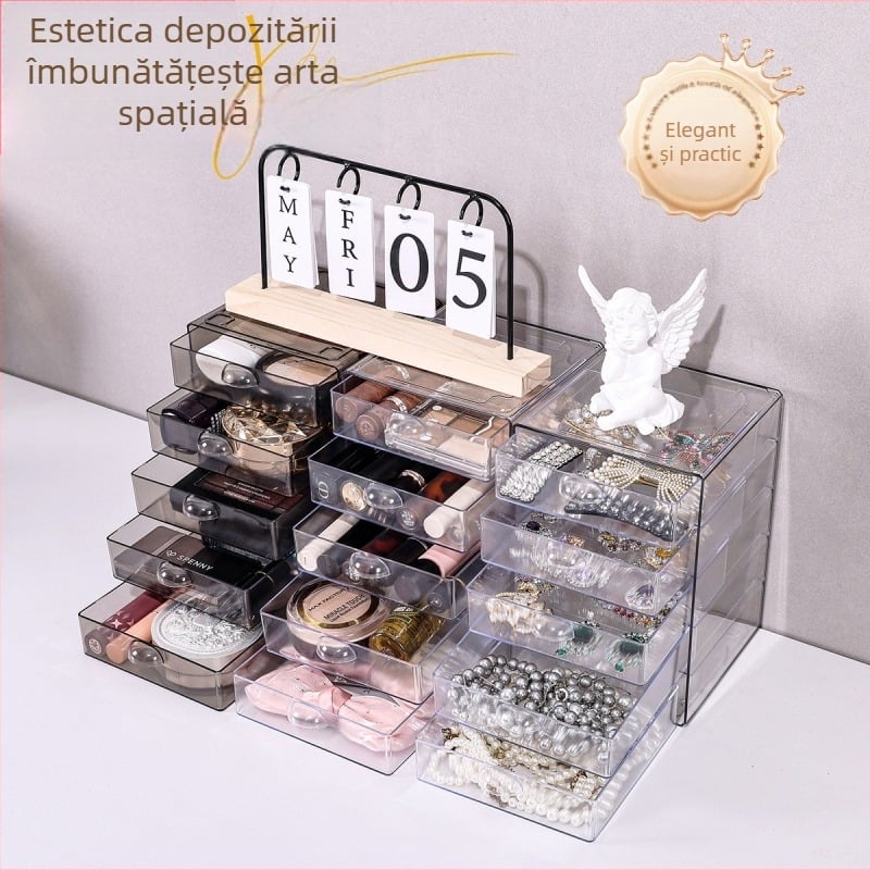 Organizator de birou din acril transparent cu sertar pentru rechizite și cosmetice