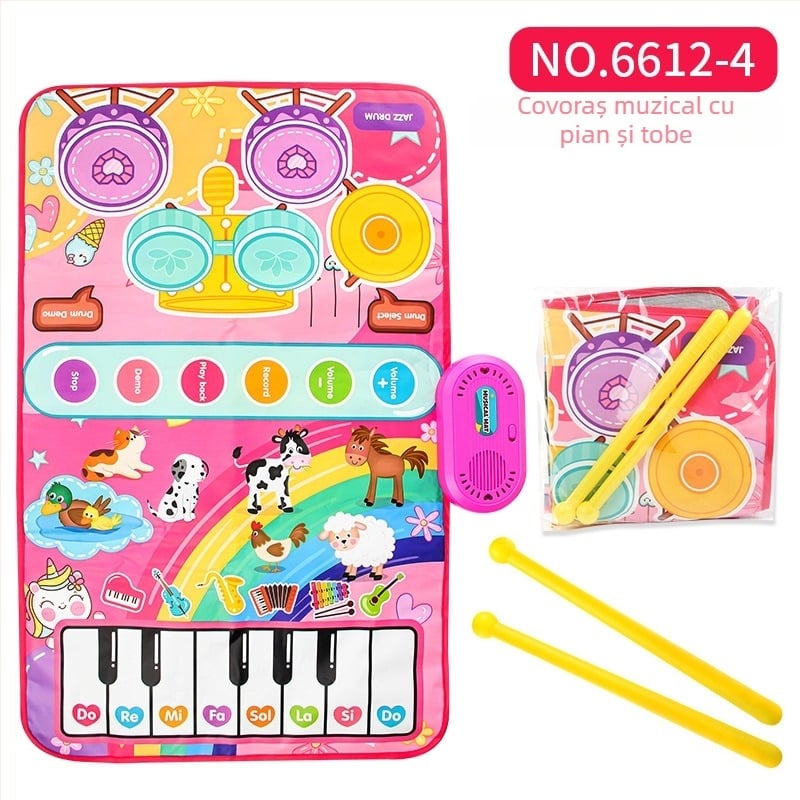 Covoraș muzical educativ pentru copii cu pian și tobe, tastatură electronică cu pedale