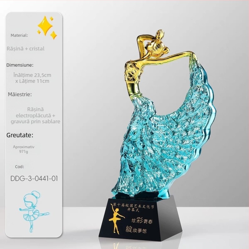 Trofeu din rășină cu motiv paun pentru dansuri latine și dansuri de balet – premiu personalizat pentru școala de dans și concursul de artă pentru copii