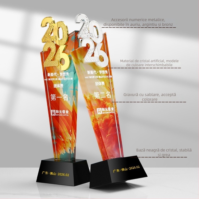 Trofeu de cristal 2026, design inovator, finisaj colorat pentru aniversare și întâlnire anuală — premiu pentru un angajat de excepție, gravat