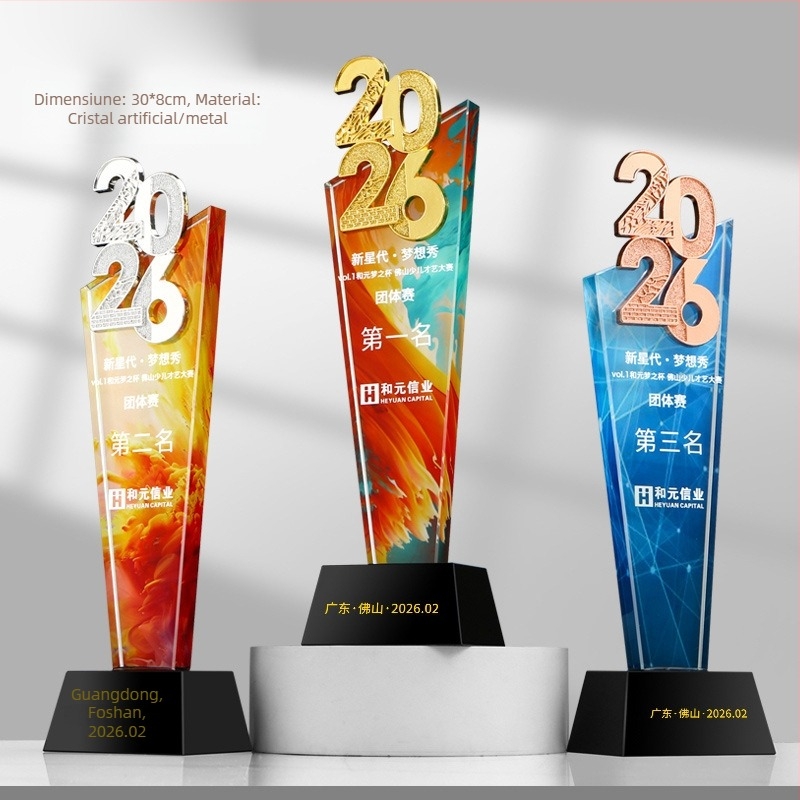Trofeu de cristal 2026, design inovator, finisaj colorat pentru aniversare și întâlnire anuală — premiu pentru un angajat de excepție, gravat