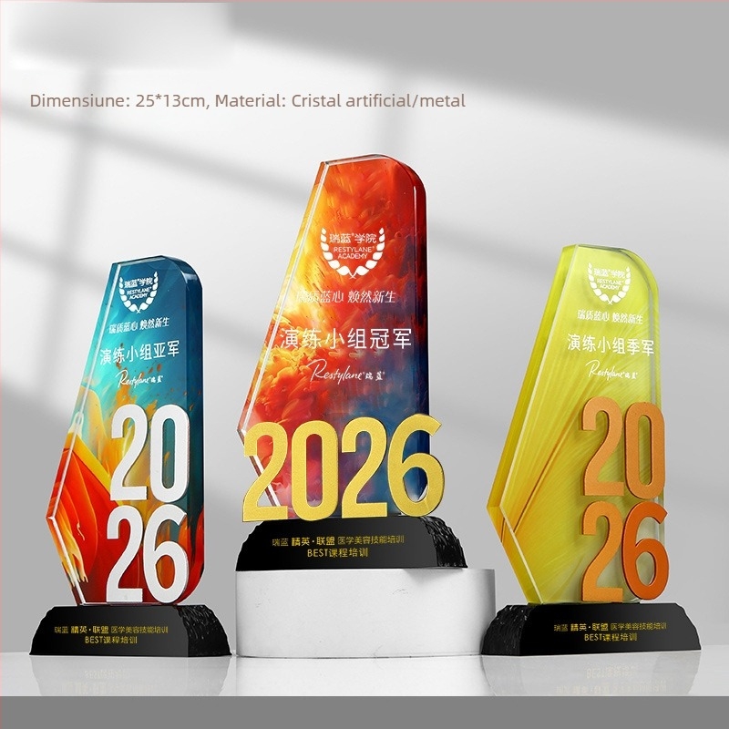 Trofeu de cristal 2026, design inovator, finisaj colorat pentru aniversare și întâlnire anuală — premiu pentru un angajat de excepție, gravat
