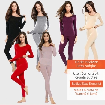 Set de bază cald din viscoză pentru femei – croială subțire, siluetă slim, top cu gât rotund și pantaloni pentru toamnă-iarna
