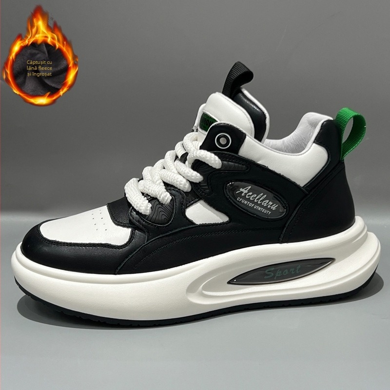 Pantofi sport de bărbați din piele, înalți, cu căptușeală din fleece, încălțăminte albă de iarnă, talpă ușoară din spumă
