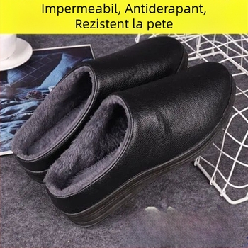 Papuci pluș pentru femei și bărbați, din piele PU impermeabilă, căldură de iarnă, talpă moale, interior antiderapant și rezistent la uzură