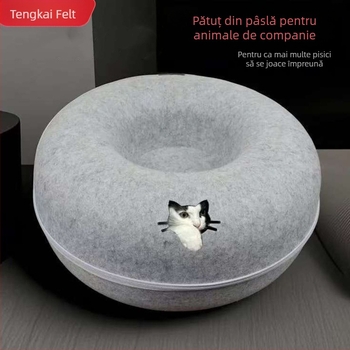 Cuib de pisică în formă de donut cu tunel, jucărie pentru toate anotimpurile, adăpost de iarnă confortabil