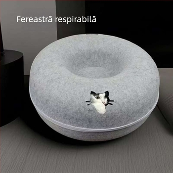 Cuib de pisică în formă de donut cu tunel, jucărie pentru toate anotimpurile, adăpost de iarnă confortabil