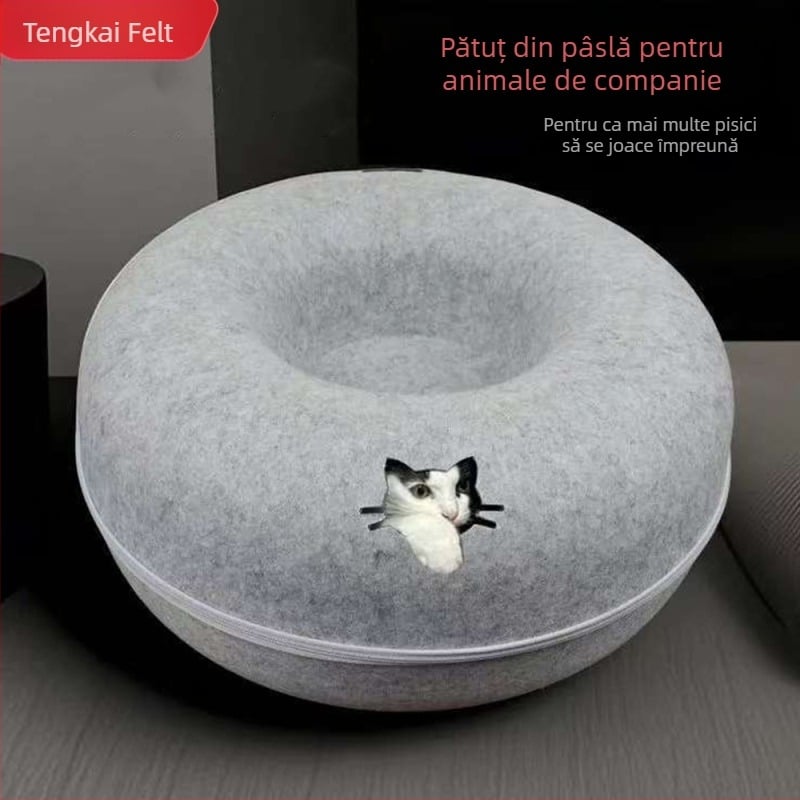 Cuib de pisică în formă de donut cu tunel, jucărie pentru toate anotimpurile, adăpost de iarnă confortabil