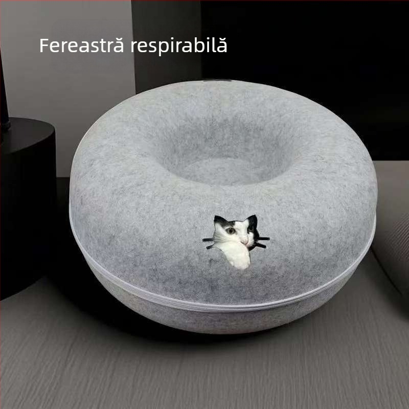 Cuib de pisică în formă de donut cu tunel, jucărie pentru toate anotimpurile, adăpost de iarnă confortabil