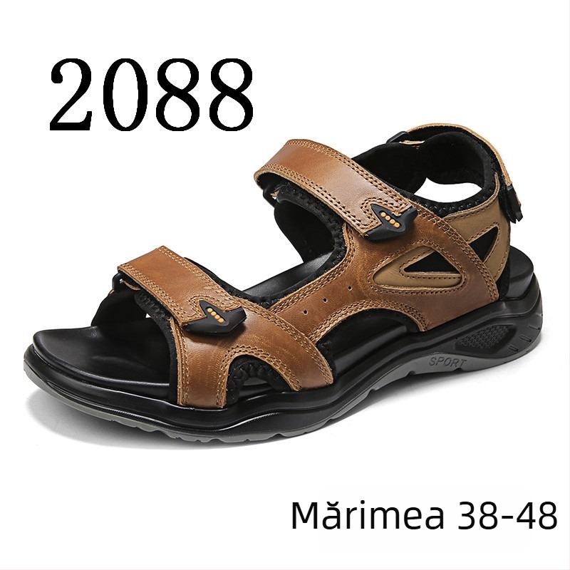 Sandale din piele naturală pentru bărbați, talpă groasă, antiderapante, deget deschis, pantofi casual de plajă, mărimi 46–48