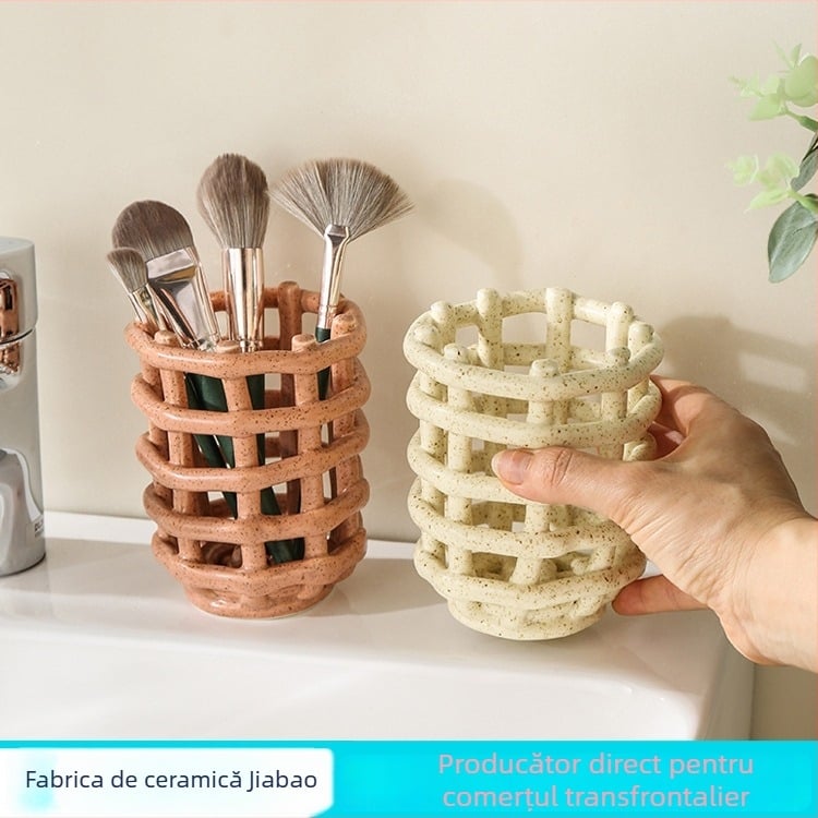 Organizator ceramic lucrat manual pentru cosmetice, pensule, pastă de dinți, periute de dinți și telecomenzi – suport pentru masa de toaletă