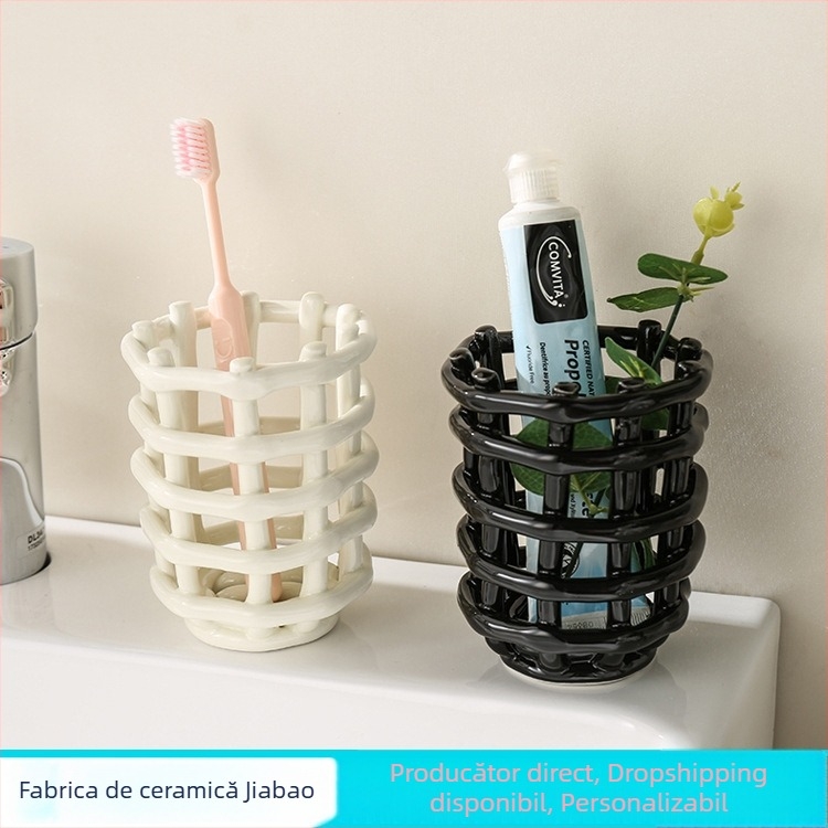 Organizator ceramic lucrat manual pentru cosmetice, pensule, pastă de dinți, periute de dinți și telecomenzi – suport pentru masa de toaletă