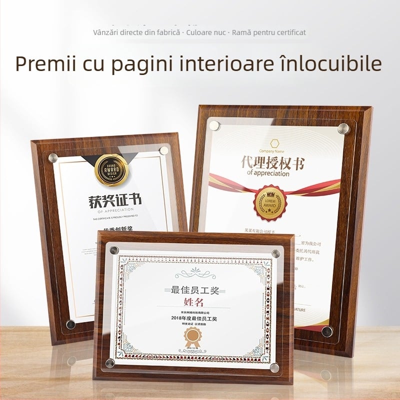 Ramă din lemn de nuc pentru medalii, cu placă acrilică de autorizare și certificat de onoare, dimensiuni A4/A5, ramă din lemn pentru medalii