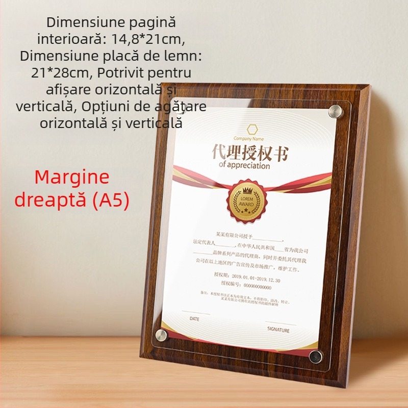 Ramă din lemn de nuc pentru medalii, cu placă acrilică de autorizare și certificat de onoare, dimensiuni A4/A5, ramă din lemn pentru medalii