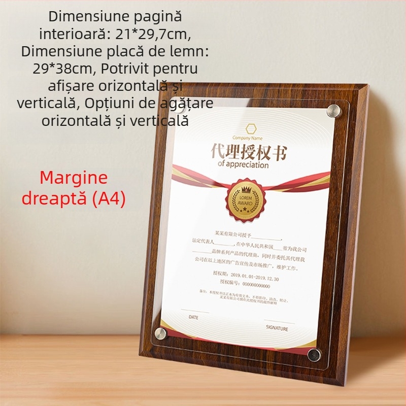 Ramă din lemn de nuc pentru medalii, cu placă acrilică de autorizare și certificat de onoare, dimensiuni A4/A5, ramă din lemn pentru medalii