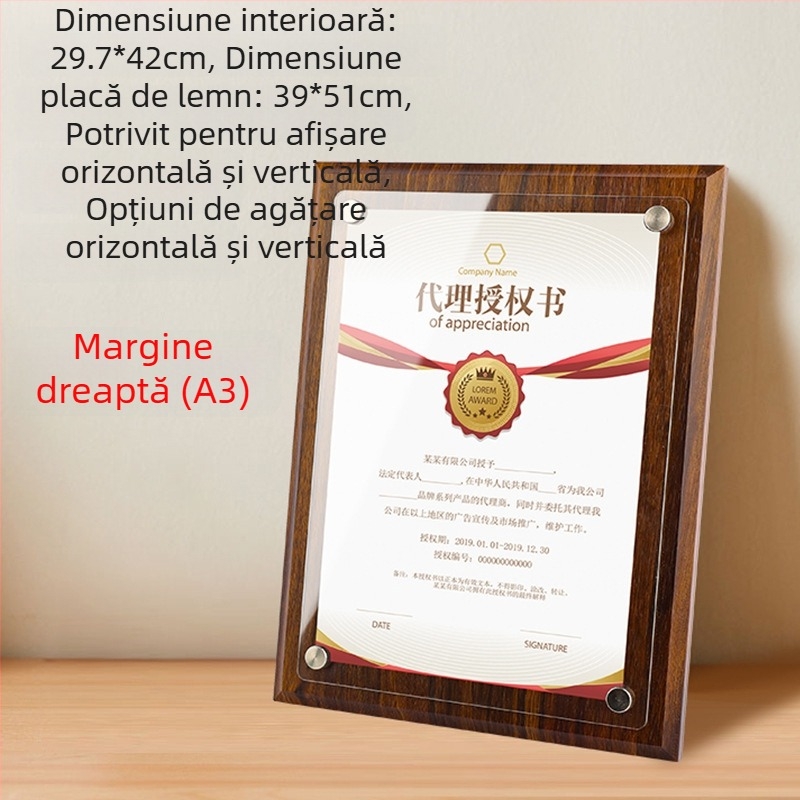 Ramă din lemn de nuc pentru medalii, cu placă acrilică de autorizare și certificat de onoare, dimensiuni A4/A5, ramă din lemn pentru medalii
