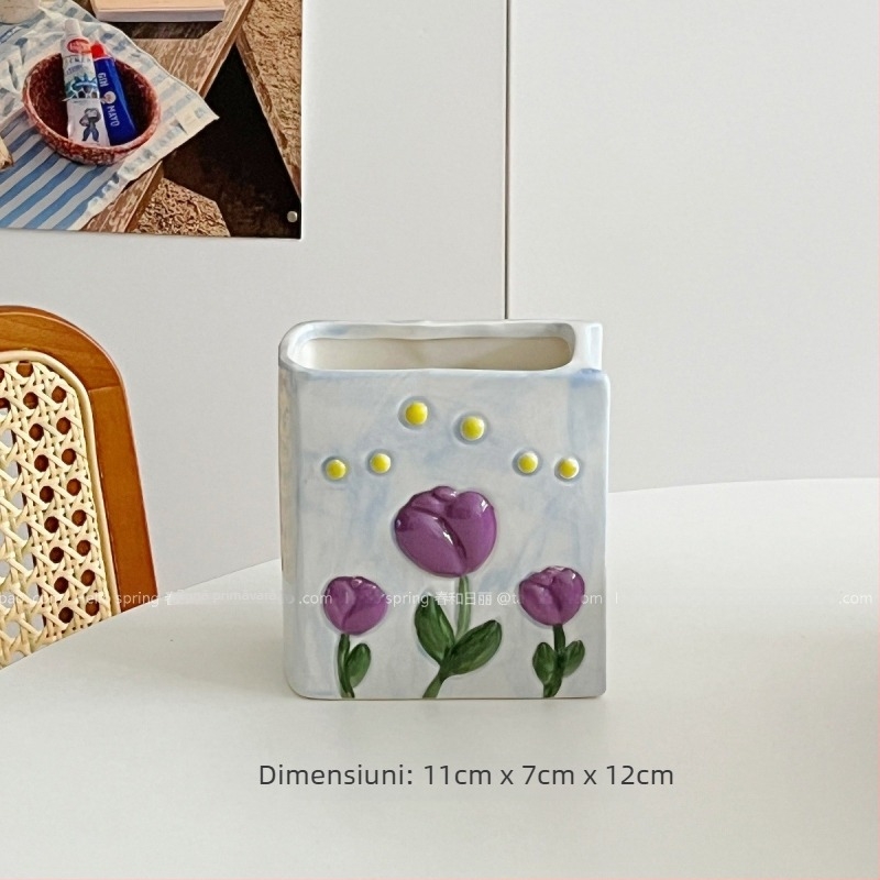Ornament ceramic în formă de lalea și carte, cu spațiu mare de depozitare pentru pensulele de machiaj și organizator de birou
