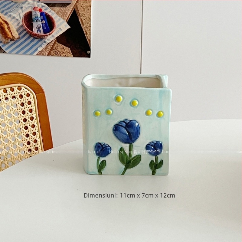 Ornament ceramic în formă de lalea și carte, cu spațiu mare de depozitare pentru pensulele de machiaj și organizator de birou